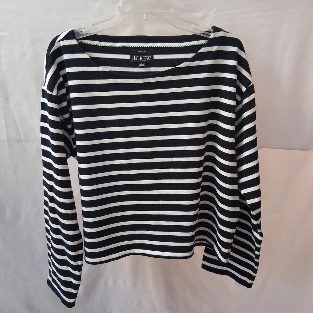J. Crew Women Black and White tripped Cropped Boatneck Blouse Relaxed Fit-L